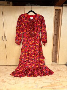 J. Crew COLLECTION Red Floral Ruffle Maxi silk Dress